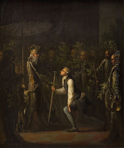 The Potuans are Surprised to see Niels Klim Genuflect in front of the Wise Prince. Oil Painting by Nicolai Abildgaard