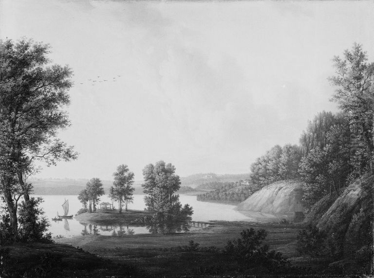 Prospekt fra Dronninggard over Furesoen. I forgrunden oen Chevallier med det kinesiske lysthus Oil Painting by Eric Paulsen