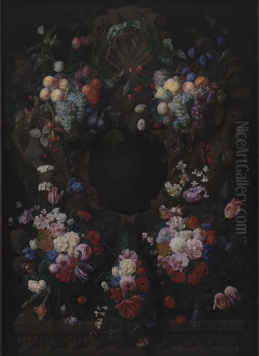 Stone Cartouche with Fruit and Flower Garland Oil Painting by Joris Van Son