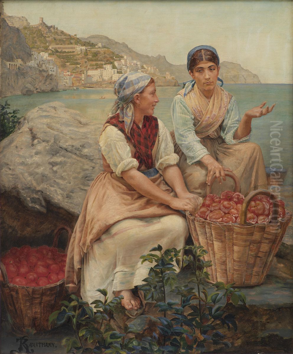 Italian girls with tomatoes in baskets Oil Painting by Kristian Zahrtmann