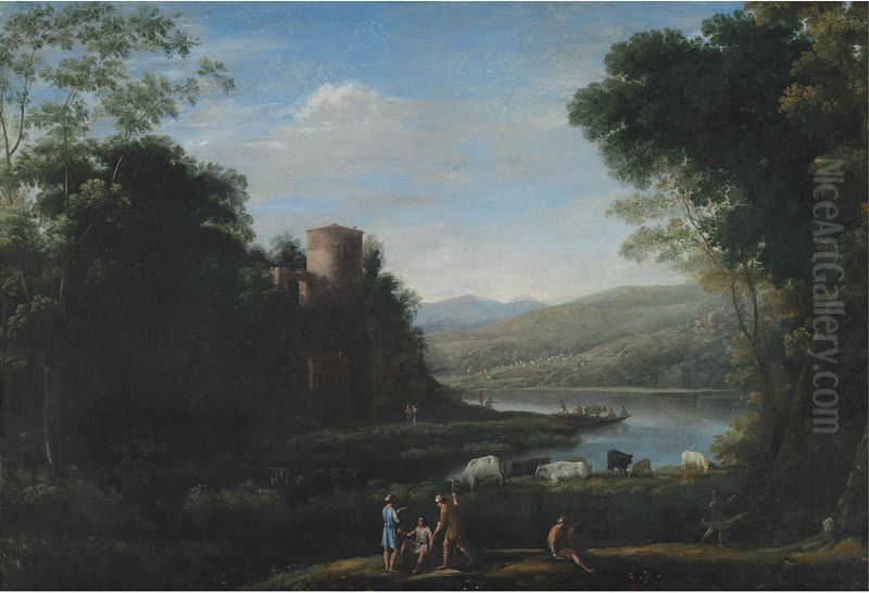 River Landscape with Herdsmen Oil Painting by Claude Lorrain (Claude Gellee)