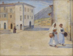 Piger pa vej til bronden efter vand ved middagstid. Civita d'Antino