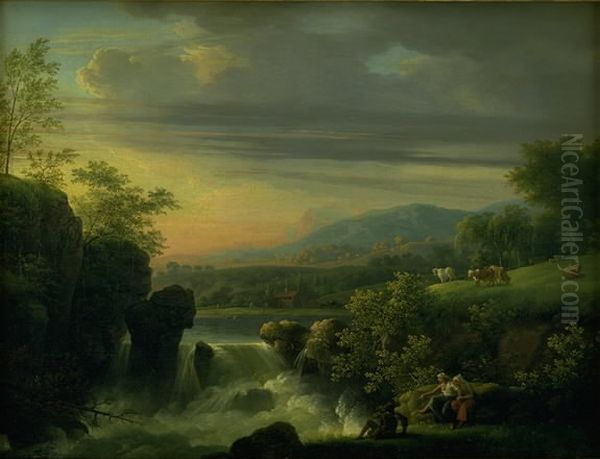 A Mountainous Landscape with a Waterfall. Sunrise Oil Painting by Jens Juel
