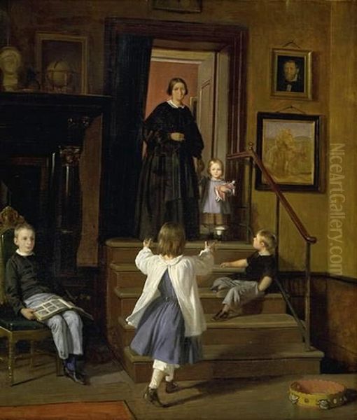 Kunstnerens hustru og born i atelieret pa Charlottenborg Oil Painting by Wilhelm Marstrand