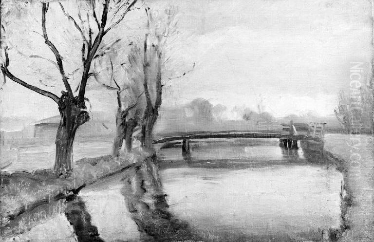 River Landscape with a Bridge Oil Painting by Albert Gottschalk