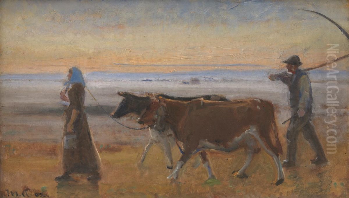 Rytter-Sorens koer drives ved aften over heden Oil Painting by Michael Peter Ancher