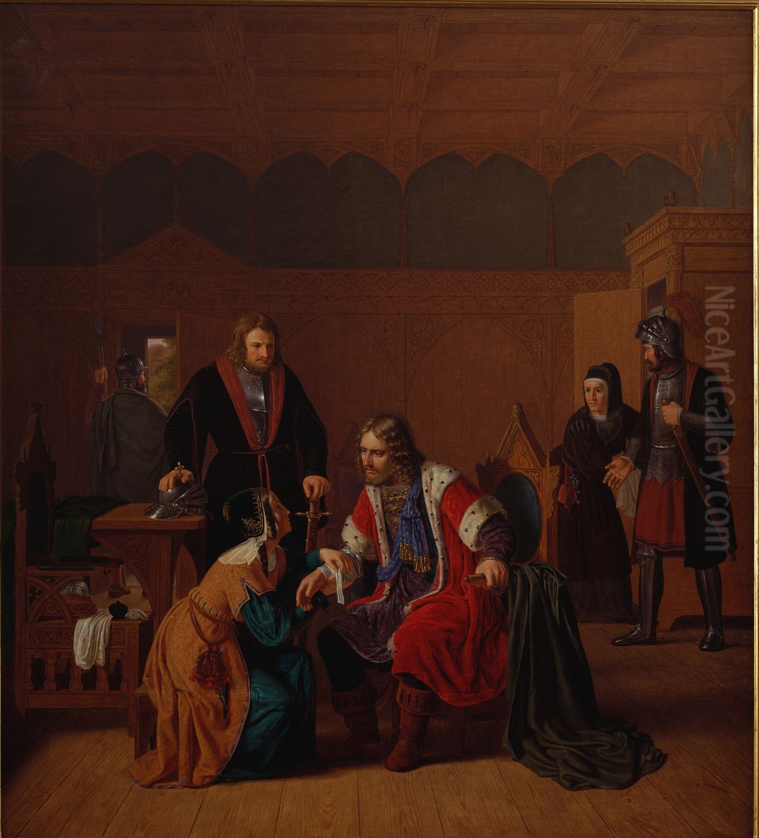 Valdemar den Store bliver forbundet i Absalons moders hus, hvor han har sogt tilflugt efter overfaldet i Roskilde Oil Painting by Johan Peter Raadsig