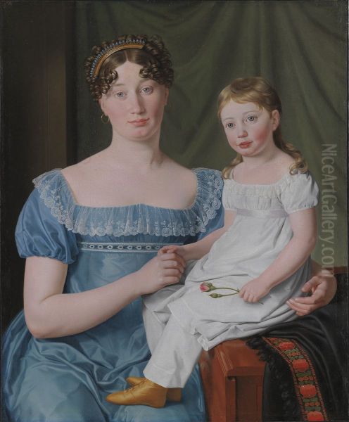 Portrait of a Noblewoman Sophie Hedvig Lovenskiold and her Three-Year-Old Daughter Oil Painting by Christoffer Wilhelm Eckersberg