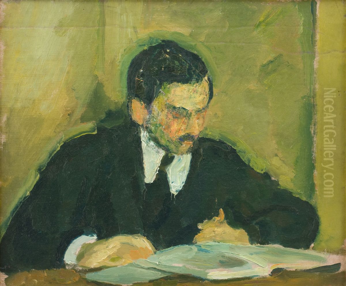 Maleren Ernst Goldschmidt laesende Oil Painting by Harald Giersing