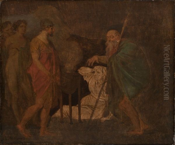 Odysseus radsporger i underverdenen spamanden Teiresias. Oil Painting by Nicolai Abildgaard