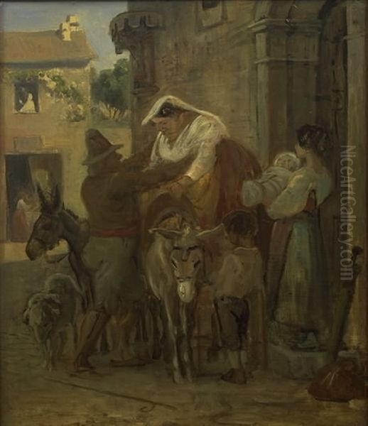 A Stout Roman Woman Being Helped onto a Donkey Oil Painting by Wilhelm Marstrand