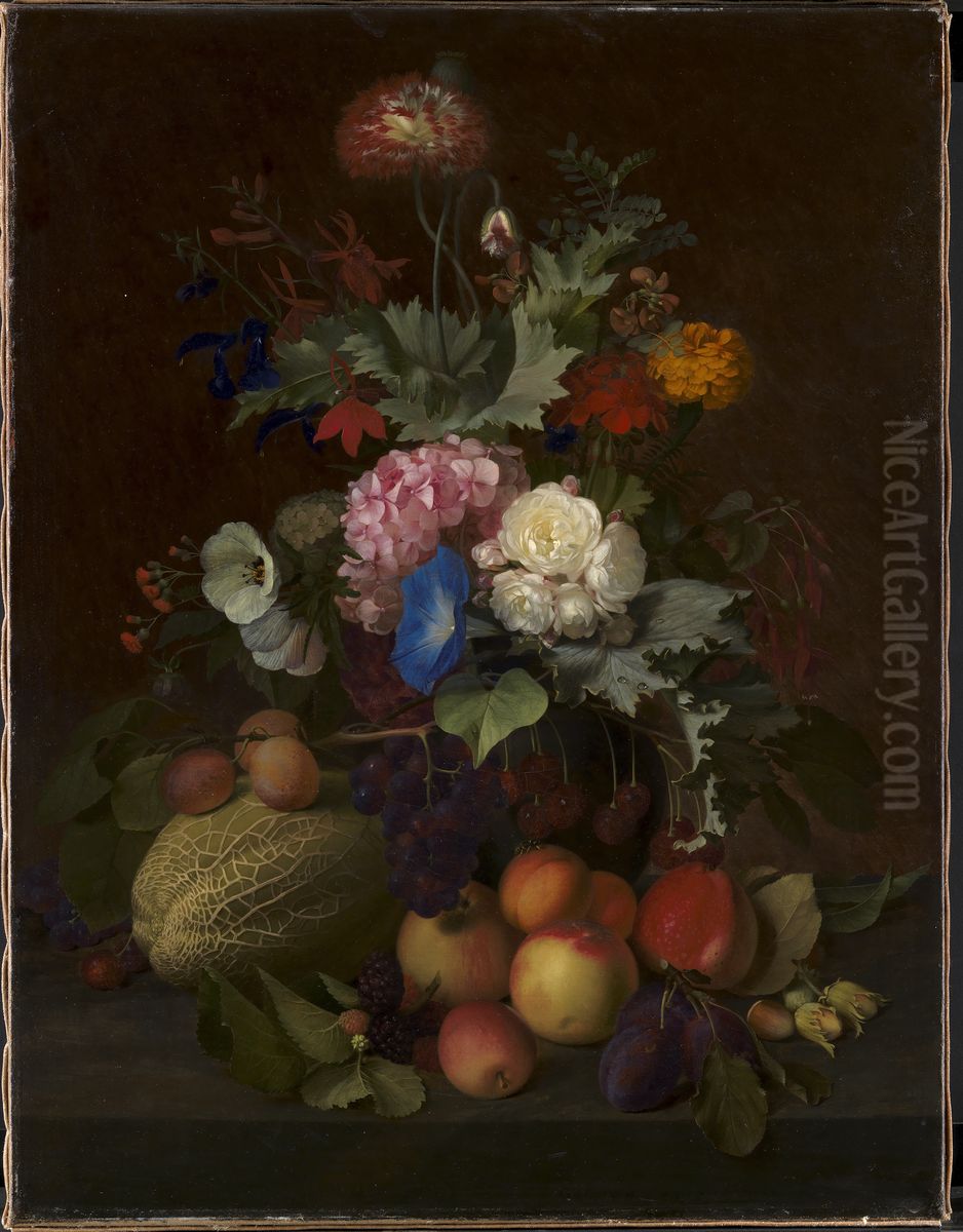 Still Life with Fruit and Flowers Oil Painting by O.D. Ottesen