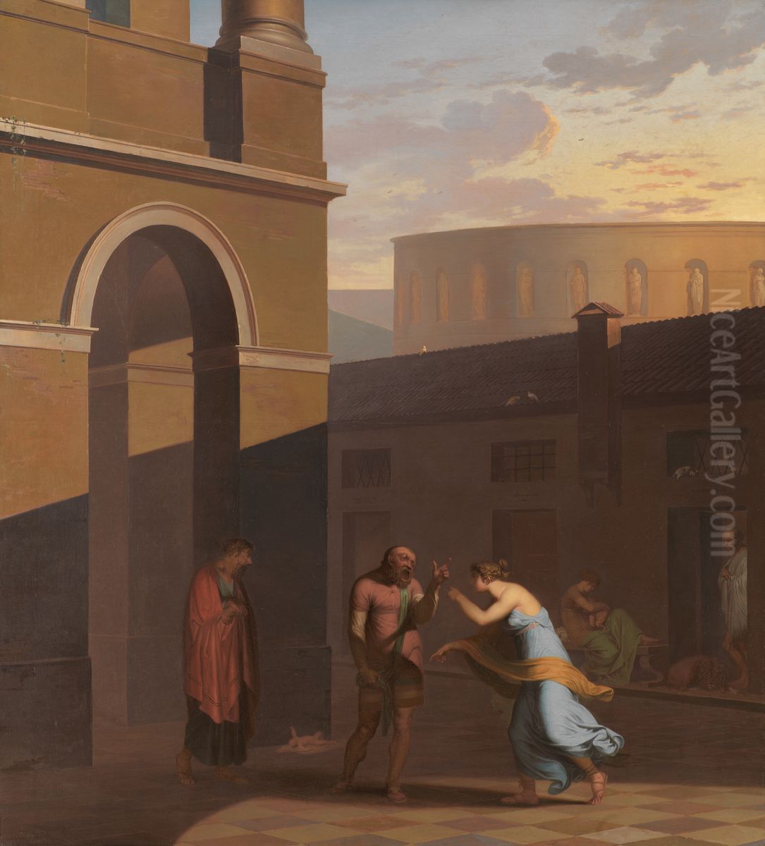 Davus taler med Mysis, Androspigens tjenestepige, som har lagt det nyfodte barn uden for Simos hus. Den lyttende Cremes opgiver sin datters forbindelse med Pamfilus Oil Painting by Nicolai Abildgaard