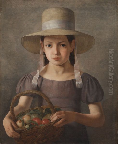 A Girl with Fruits in a Basket Oil Painting by Constantin Hansen