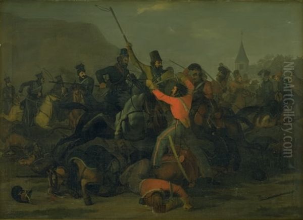 Oberst Boncke Bonnichsens fald den 6. december 1813 under en faegtning mellem jyske dragoner og kosakker Oil Painting by Jorgen Valentin Sonne