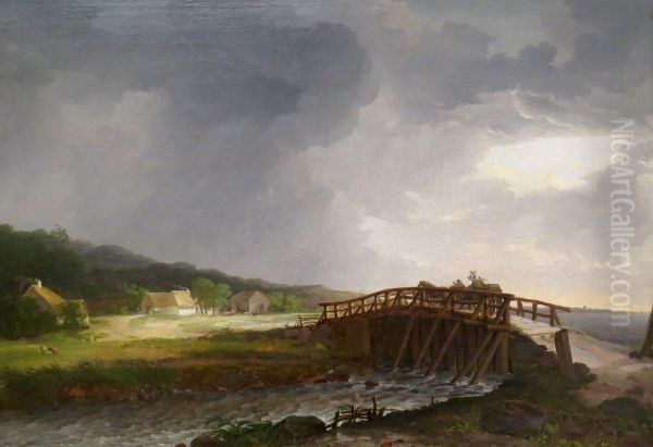 The Bridge across Tryggevaelde River with a View of Koge, Zealand Oil Painting by Johan Christian Dahl