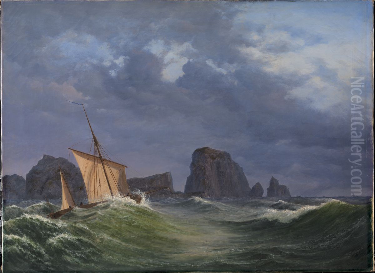 En shetlandsk fiskerbad i stormfuldt vejr nord for Orkneyoerne Oil Painting by Anton Melbye