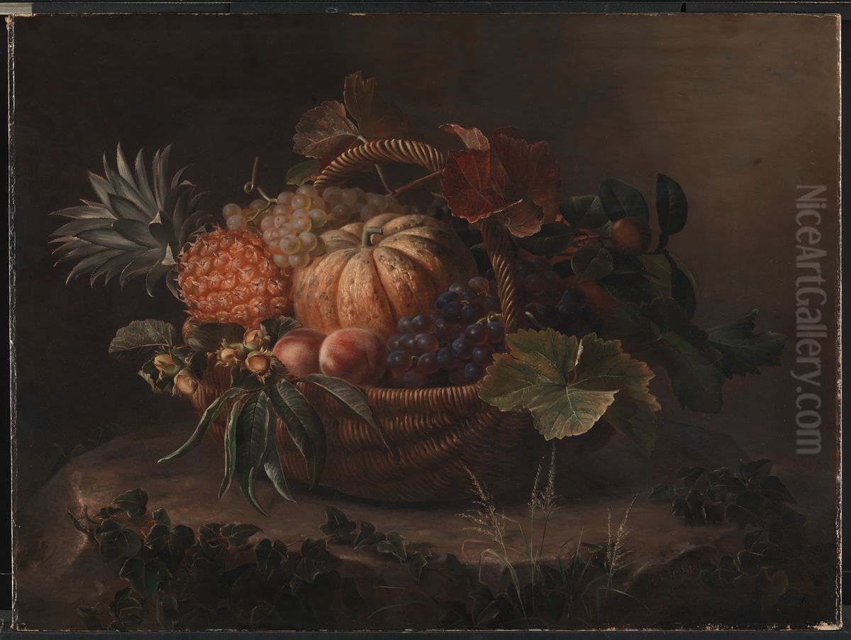 A basket of fruits on a tree trunk. Oil Painting by Johan Laurentz Jensen