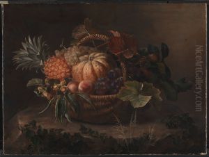 A basket of fruits on a tree trunk.