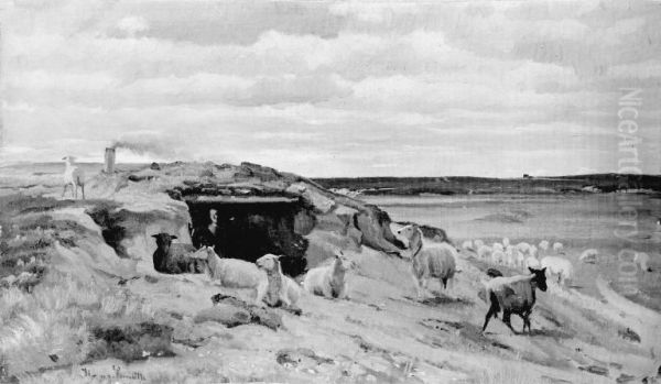 Fareflok foran en jordhule med folk Oil Painting by Hans Smidth