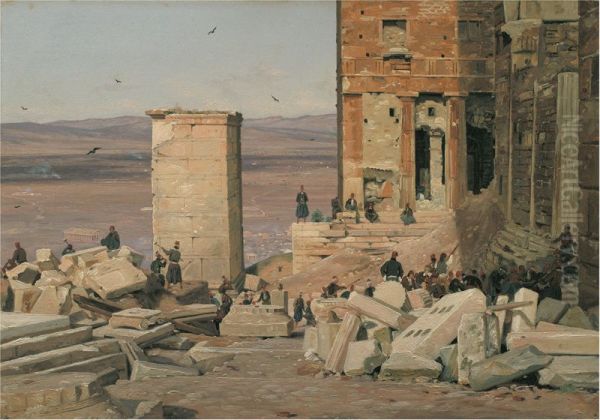 Greeks Working in the ruins of the Acropolis Oil Painting by Martinus Rorbye