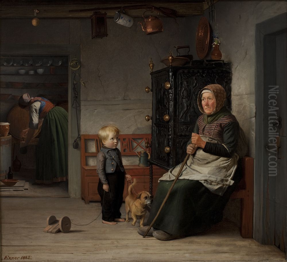 En fattig kone der venter pa et krus ol i en bondestue Oil Painting by Julius Exner