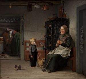 En fattig kone der venter pa et krus ol i en bondestue