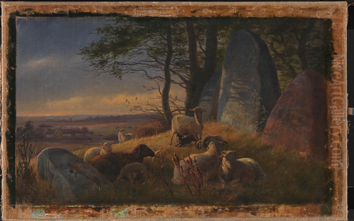 Evening Scene with Sheep on a Mound Oil Painting by Johan Lundbye