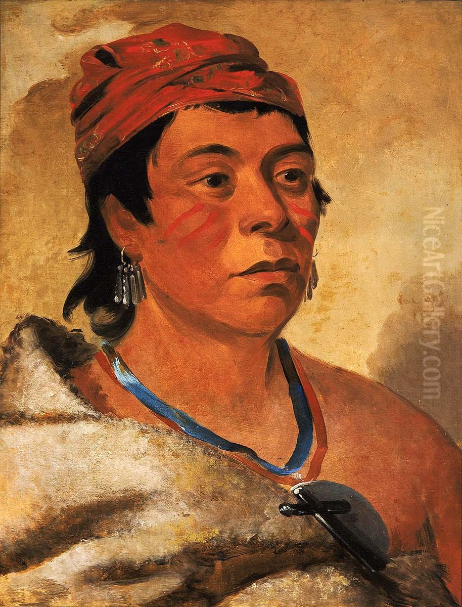 Round Island, a Warrior Oil Painting by George Catlin
