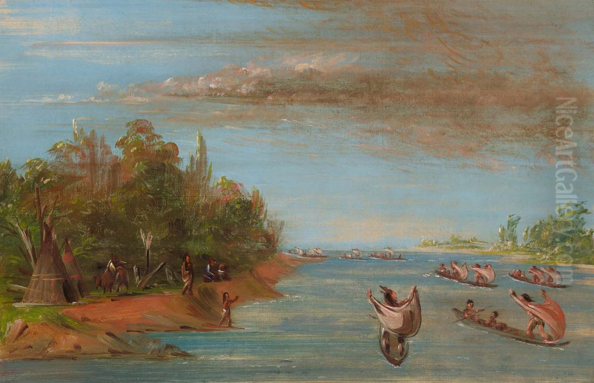 Sac and Fox Sailing in Canoes Oil Painting by George Catlin