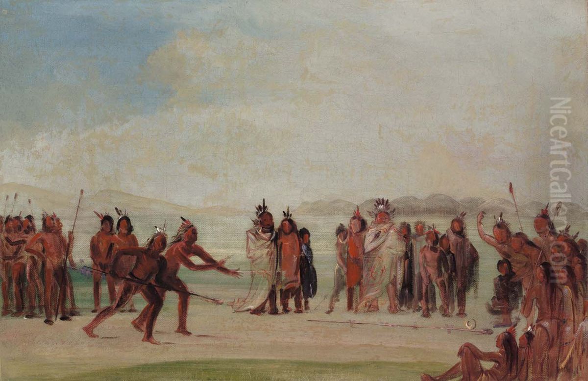 Tchung-kee, a Mandan Game Played with a Ring and Pole Oil Painting by George Catlin