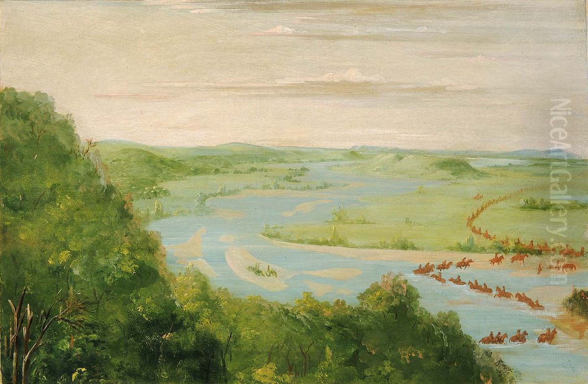 View of the Canadian River, Dragoons Crossing Oil Painting by George Catlin View of the Canadian River, Dragoons Crossing Oil Painting by George Catlin