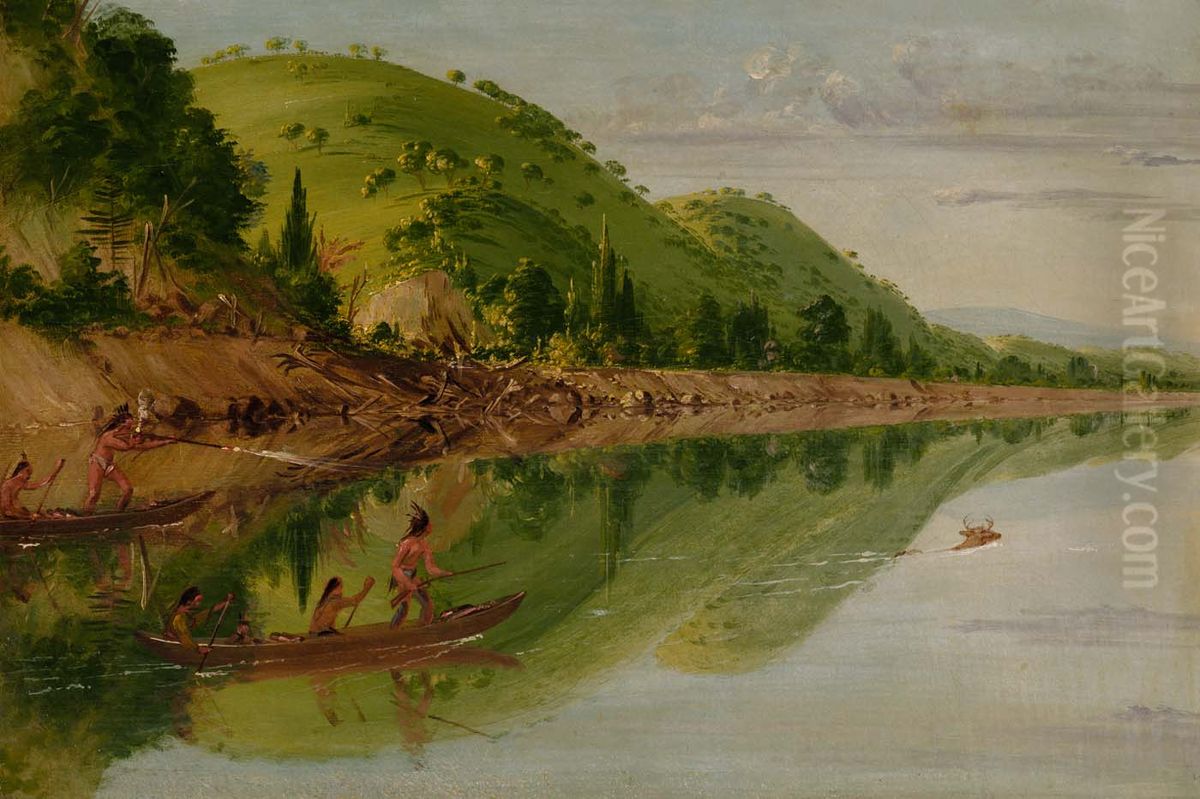 View on the St. Peter's River, Sioux Indians Pursuing a Stag in their Canoes Oil Painting by George Catlin