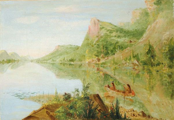 View on the Wisconsin River, Winnebago Shooting Ducks Oil Painting by George Catlin