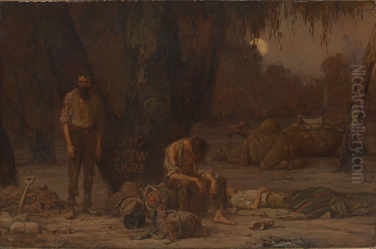 Arrival of Burke, Wills and King at the deserted camp at Cooper's Creek, Sunday evening, 21st April 1861 Oil Painting by John Longstaff