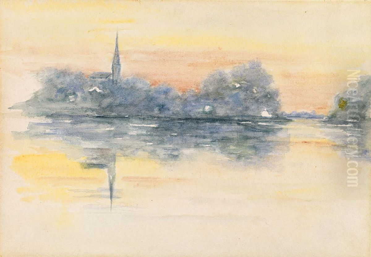 Church and Lake Oil Painting by Henry Bacon