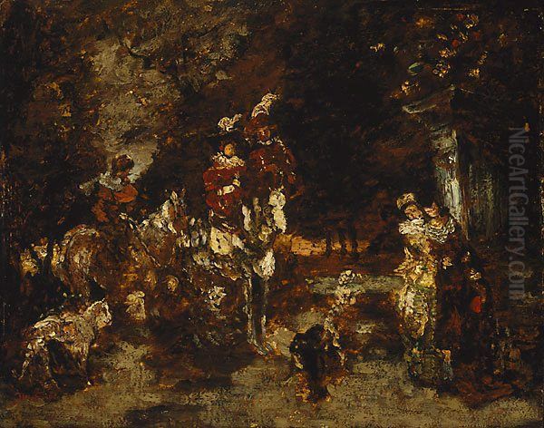 Wood scene with riders Oil Painting by Adolphe Joseph Thomas Monticelli