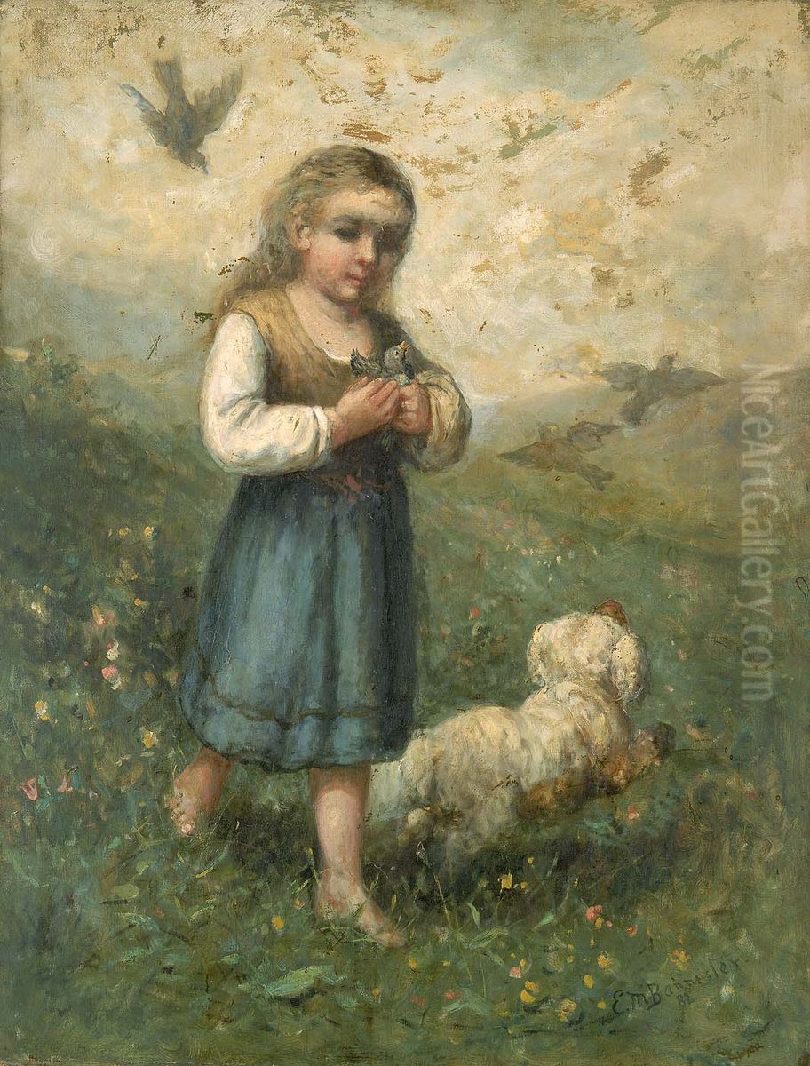 Child with Birds and Dog Oil Painting by Edward Mitchell Bannister