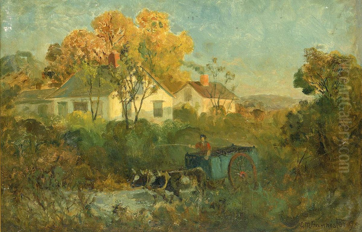 The Drinking Pool (man in cart with oxen at pool) Oil Painting by Edward Mitchell Bannister