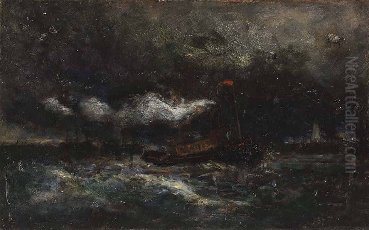 Squall, Brenton Light (boat in storm, lighthouse in background) Oil Painting by Edward Mitchell Bannister