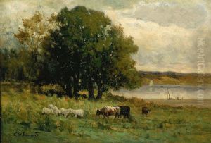 Untitled (cattle near river with sailboat in distance)