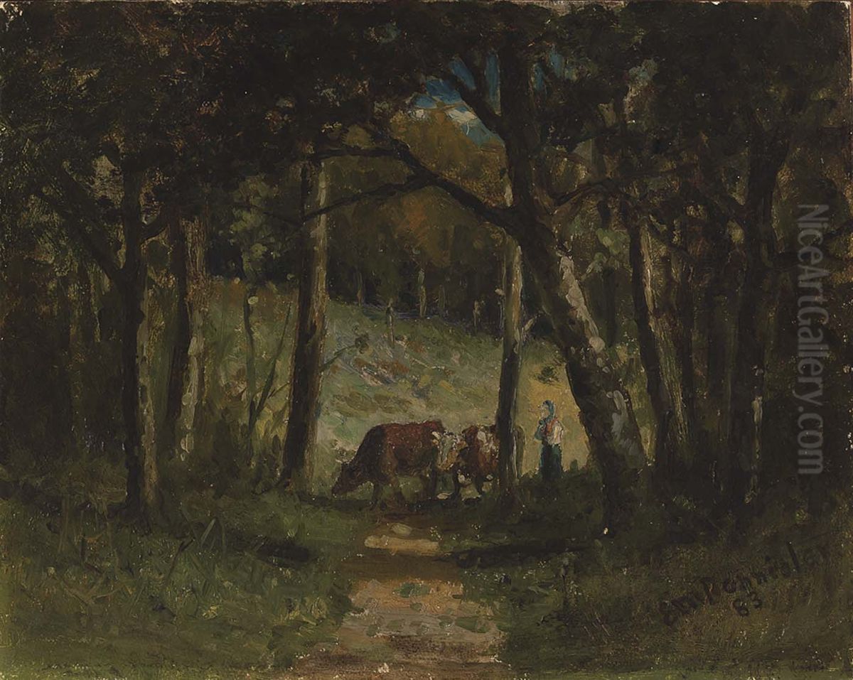 Untitled (cows on path in forest) Oil Painting by Edward Mitchell Bannister
