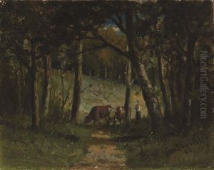 Untitled (cows on path in forest)