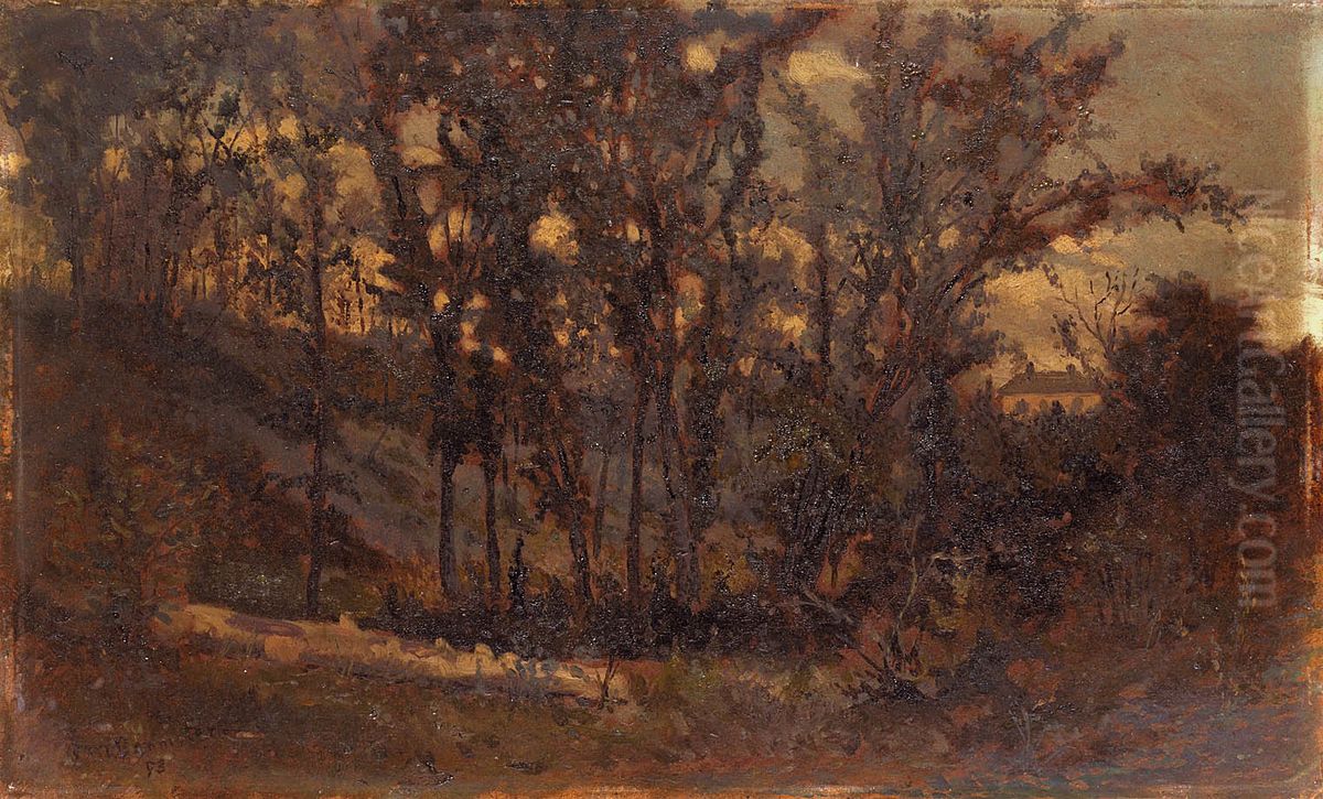 Untitled (forest scene, fallen tree in foreground and house in background) Oil Painting by Edward Mitchell Bannister