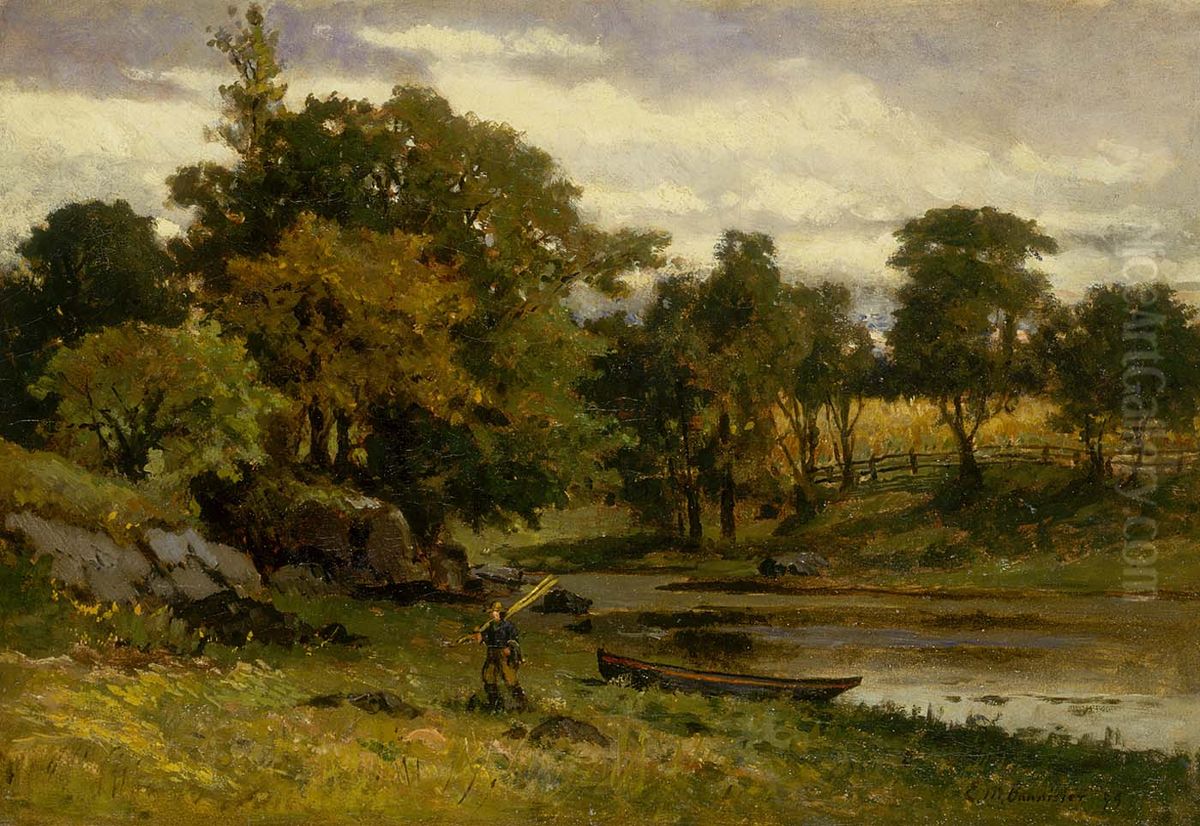 Untitled (landscape, boat moored near stream, man walking in foreground) Oil Painting by Edward Mitchell Bannister