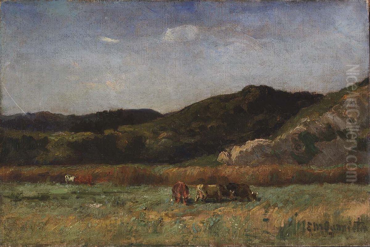 Untitled (landscape with cows grazing, hills) Oil Painting by Edward Mitchell Bannister