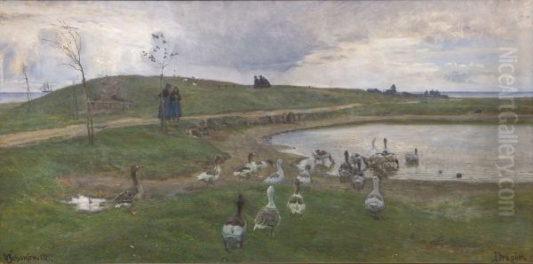 Geese by a lake. Worsening weather. Dragor Oil Painting by Viggo Johansen