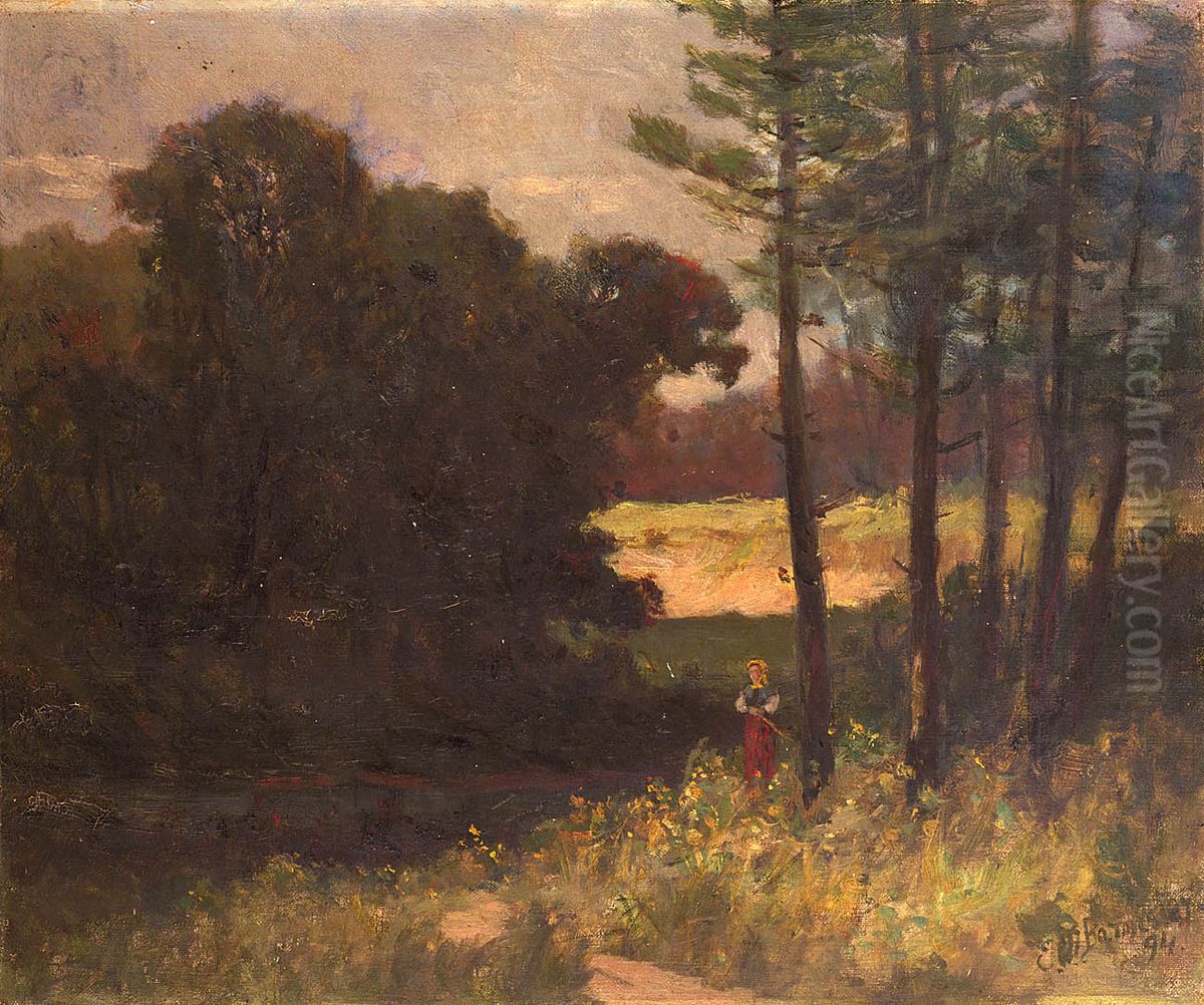 Untitled (landscape with trees and woman) Oil Painting by Edward Mitchell Bannister