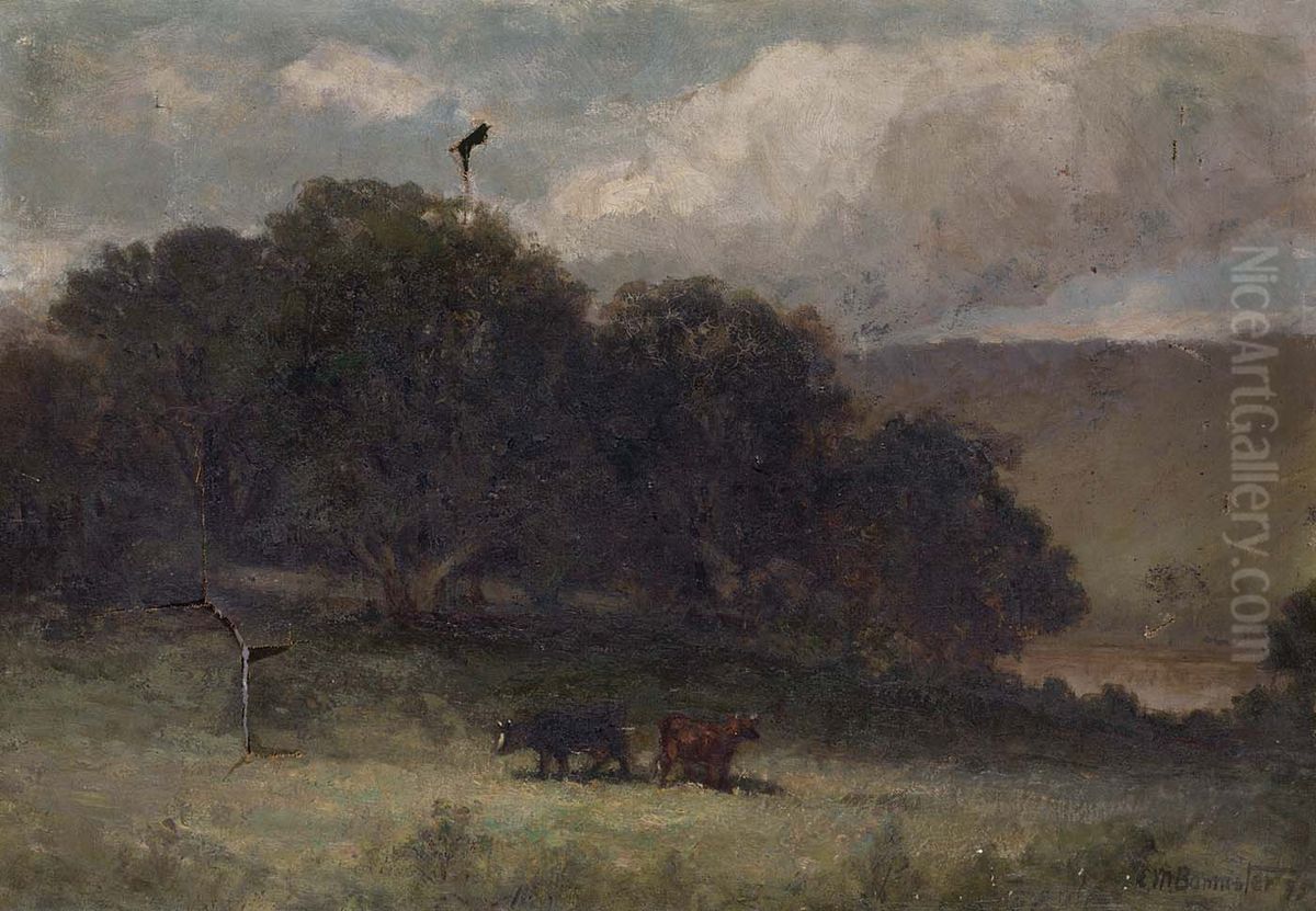 Untitled (landscape with trees and two cows in meadow) Oil Painting by Edward Mitchell Bannister