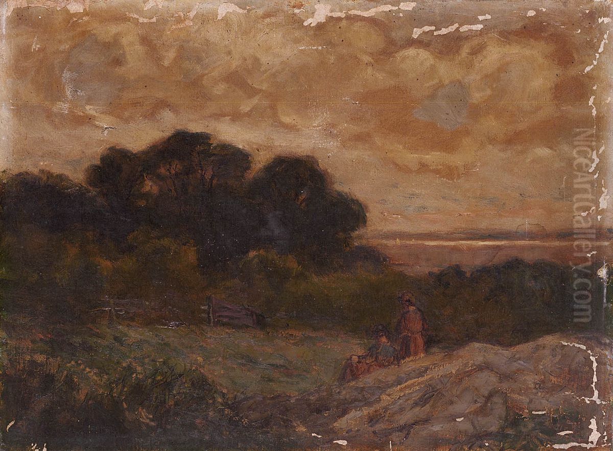 Untitled (Landscape with Two Women Reclining on Rocks) Oil Painting by Edward Mitchell Bannister